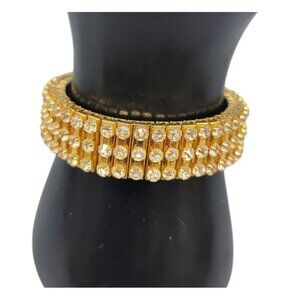 Multi Row Rhinestone Expansion Bracelet Vintage Gold Tone Glass Prong Set SZ 6